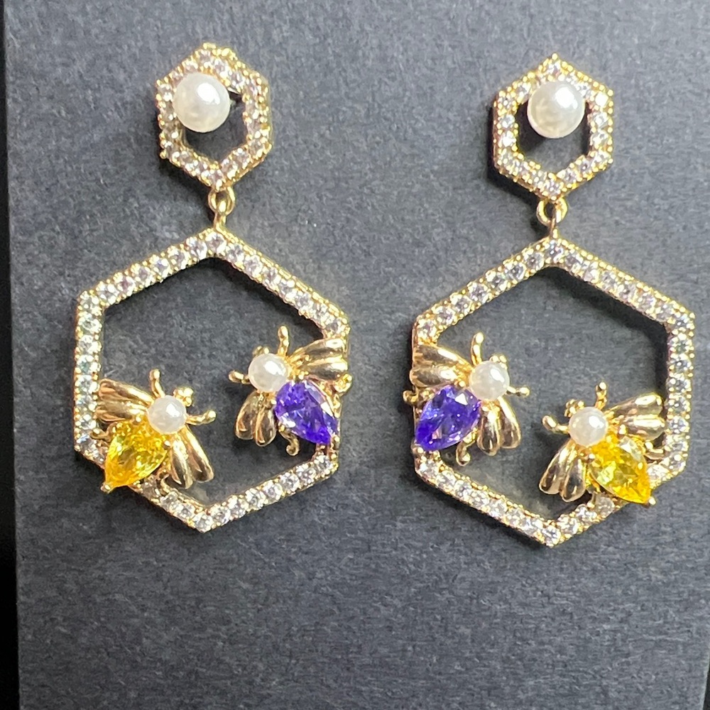 Gold and Purple Bee Hexagon Earrings